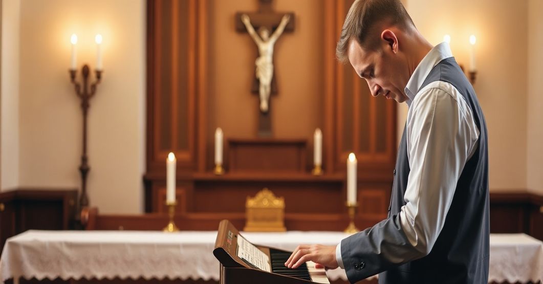 Katolicki muzyk modli się przy organach w tradycyjnej kaplicy