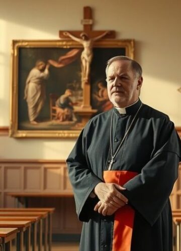 Tradycyjny katolicki nauczyciel w szkolnej klasie Katolicki nauczyciel w tradycyjnym stroju w klasie, symbolizujący naukę zgodną z katolicką tradycją