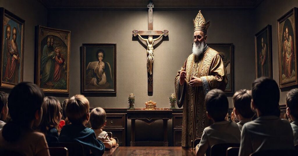 Reverentny obraz katolickiego nauczyciela w klasie, podkreślający autorytet Kościoła i tradycję religijną w edukacji dzieci
