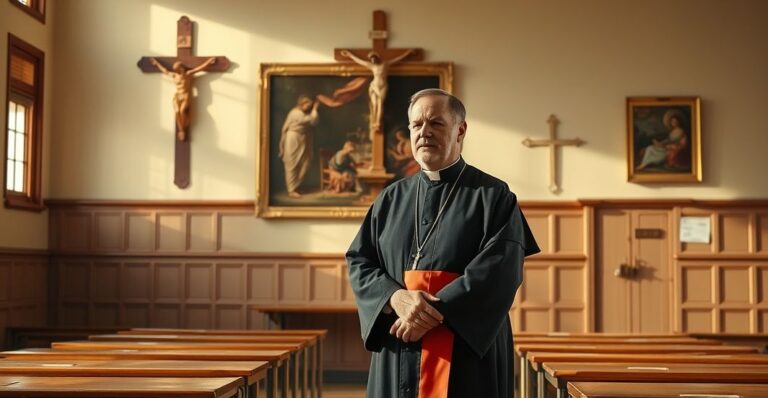Katolicki nauczyciel w tradycyjnym stroju w klasie, symbolizujący naukę zgodną z katolicką tradycją