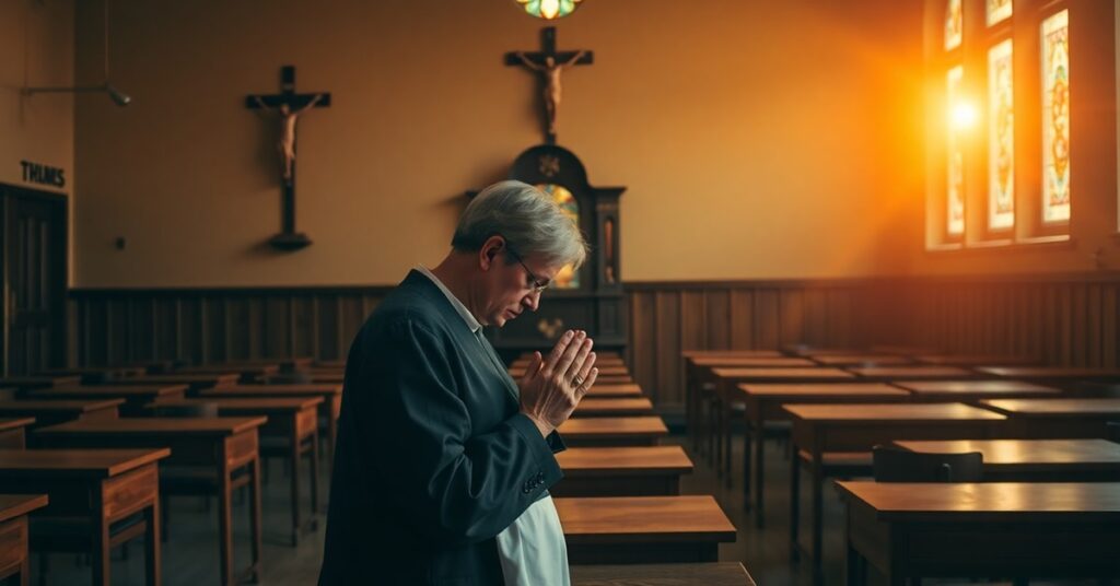 Nauczyciel w katolickiej szkole modlący się przed tabernakulum - symbol prawdziwej regeneracji ducha
