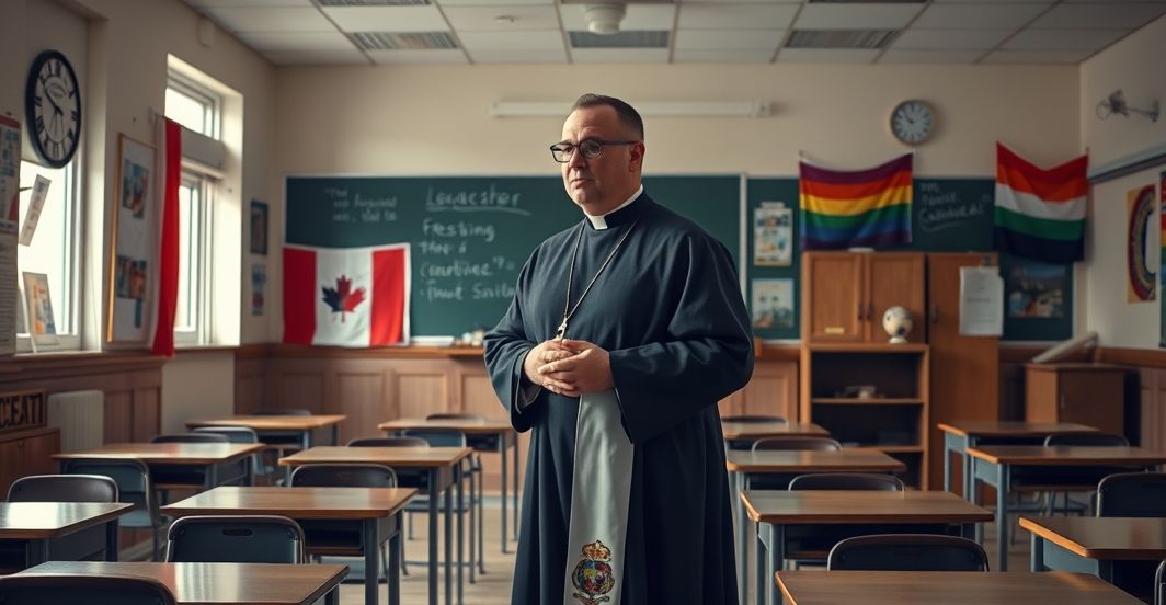 Katolicki nauczyciel w skromnej klasie, symbolizujący obronę wiary przeciwko ideologii gender w kanadyjskim systemie edukacji