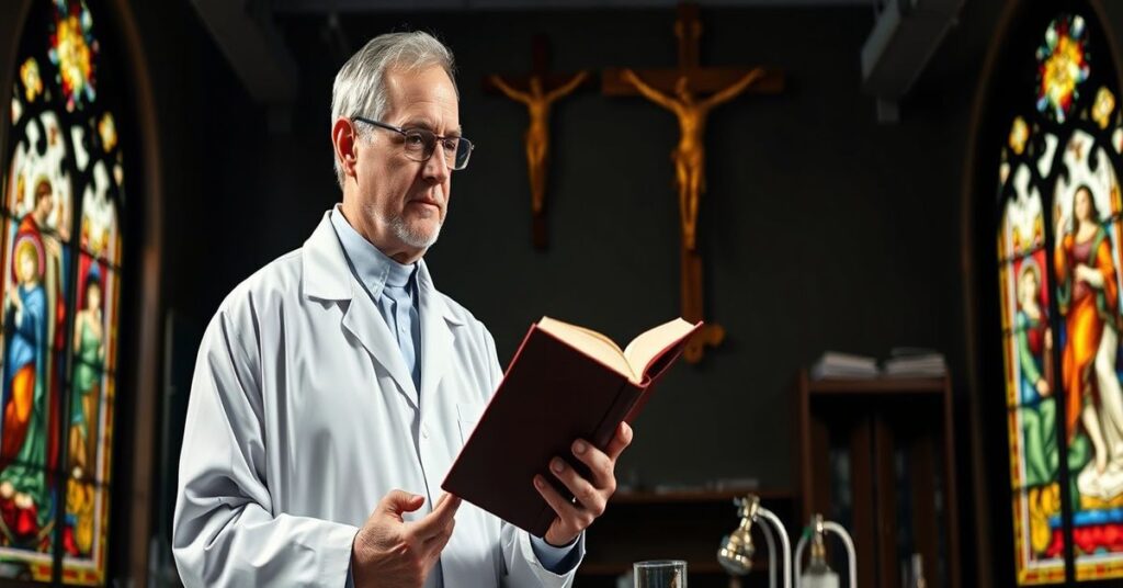 Naukowca katolicki w białym fartuchu obserwuje eksperyment kwantowy z nanoklastrami sodu, trzymając księgę teologii katolickiej. Tło: krzyż i witraże przedstawiające stworzenie, symbolizujące harmonię wiary i nauki.