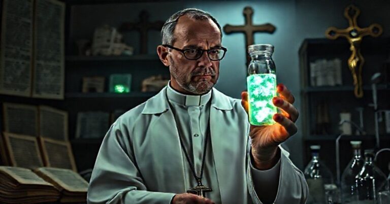 Naukowca katolickiego w laboratorium z próbką bacterialnego szczepu Syn57, symbolizującego konflikt między wiarą a transhumanizmem.