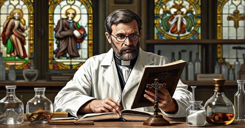 Tradycyjne katolickie przedstawienie naukowca rozmyślającego nad nauką i wiarą w świetle Bożym