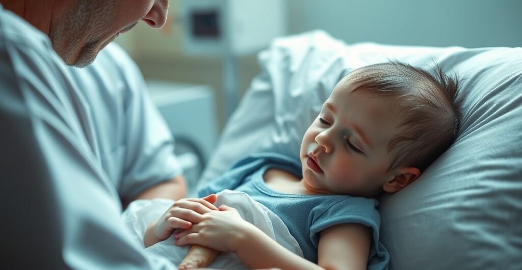 Rewerentny obraz katolicki przedstawiający chłopca z anencefalią w szpitalu, ukazujący świętość życia i troskę rodziców