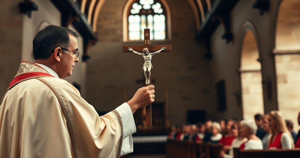 Religijny obraz katolicki ukazujący kapłana z krzyżem w świątecznym kościele, symbolizujący duchowe wartości i moralność.