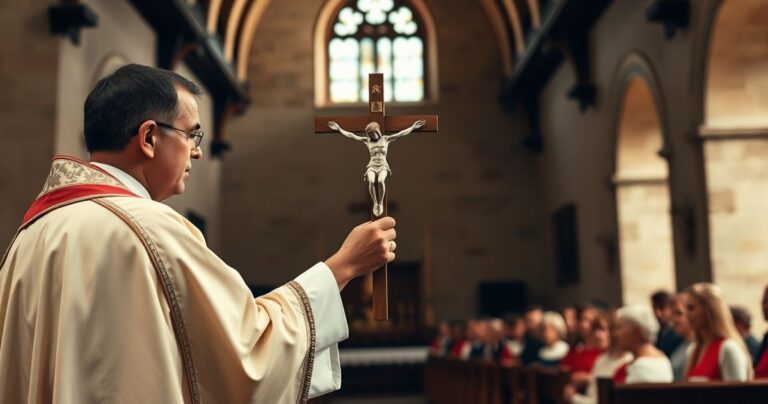 Religijny obraz katolicki ukazujący kapłana z krzyżem w świątecznym kościele, symbolizujący duchowe wartości i moralność.