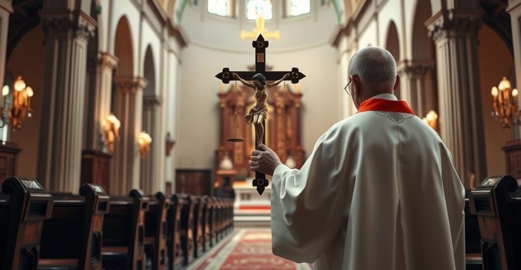Tradycyjny katolicki obraz w kościele z kapłanem trzymającym krucyfiks, symbolizujący moralność i sprawiedliwość Bożą, odpowiedni do wpisu krytycznego wobec relatywizmu i modernizmu