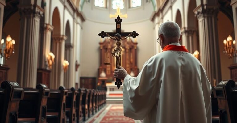 Tradycyjny katolicki obraz w kościele z kapłanem trzymającym krucyfiks, symbolizujący moralność i sprawiedliwość Bożą, odpowiedni do wpisu krytycznego wobec relatywizmu i modernizmu