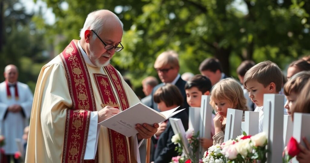 Fotografia realistyczna kapłana w liturgicznym stroju odczytującego imiona dzieci podczas modlitewnego obrzędu na zewnątrz, ukazująca szacunek i głęboką refleksję religijną.