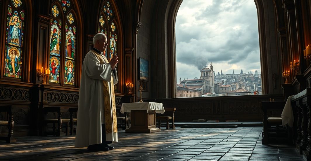 Rezystancki katolicki obraz w kościele, kapłan modli się o pokój i nawrócenie podczas wojny na Ukrainie, ukazując potrzebę panowania Chrystusa