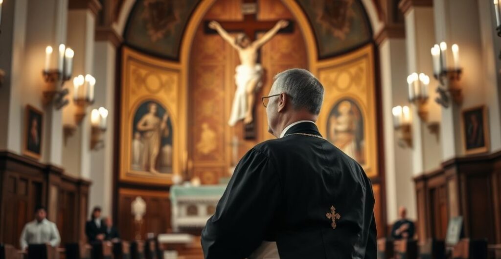 Reverent Catholic mężczyzna w sutannie, modlący się w kościele, przypominając o świętości życia i władzy Chrystusa Króla