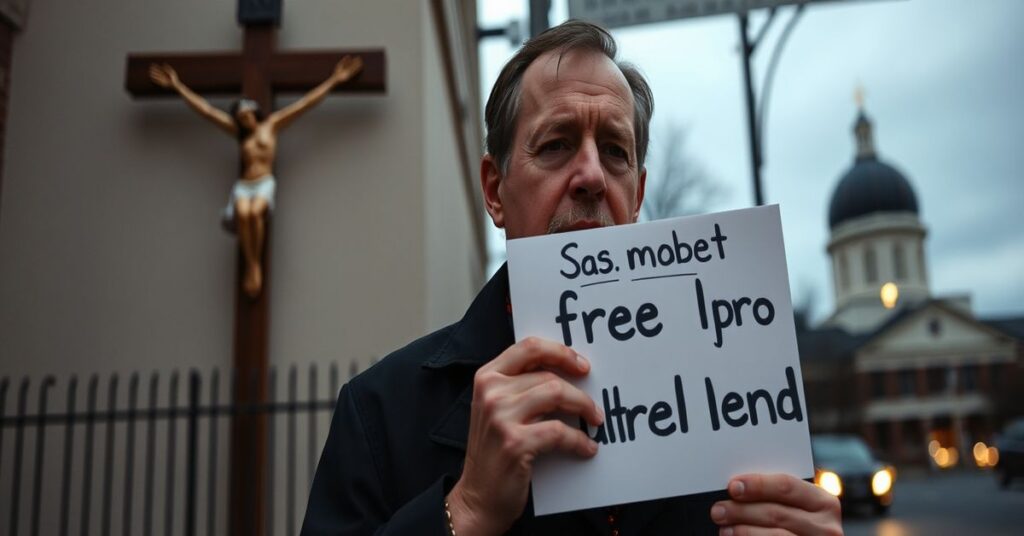 Katolicki obrońca życia na chodniku z plakatem "Zapytaj mnie o darmowe USG" przed kliniką aborcji w Detroit. Na tle widoczny krzyż i światło od świecy z kościoła.