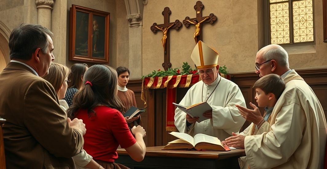 Konserwatywny obraz katolicki przeciwko edukacji seksualnej w szkołach Francji Rodzice i kapłani rozmawiający o zagrożeniach nowoczesnej edukacji seksualnej we Francji, podkreślający sakrament małżeństwa i czystość dzieci.