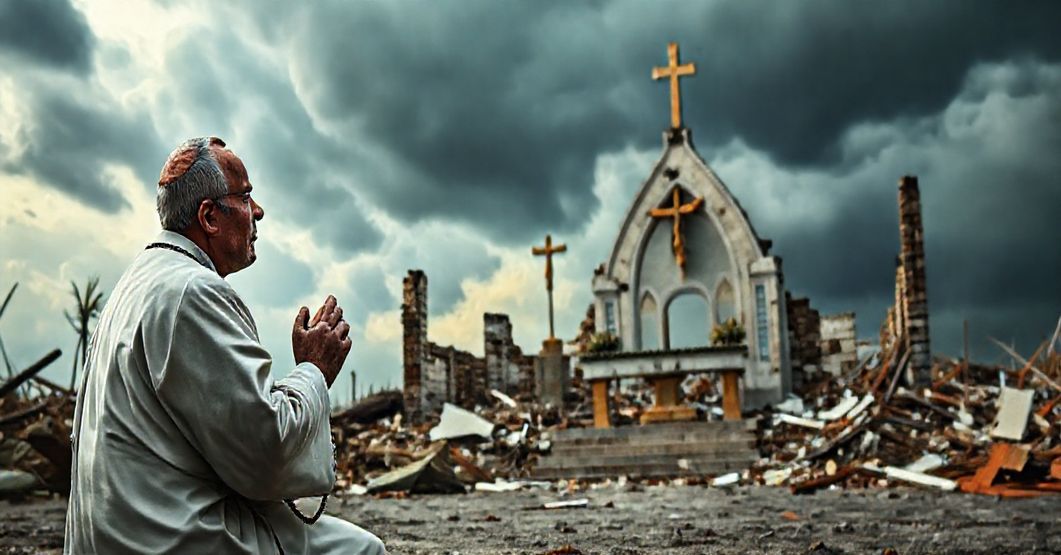 Kneeling priest in front of a ruined church after a hurricane, holding a rosary, with a crucifix standing amid the devastation, symbolizing faith amid destruction.