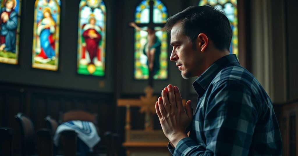 Rzucony ojciec modli się w kościele przed krzyżem po utracie syna na ideologię transpłciową.