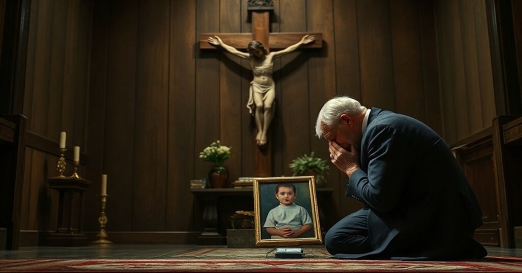 Zatroskany katolicki ojciec modli się przed krzyżem w ciemnej kaplicy z fotografią zmarłego dziecka, podkreślając konieczność sakramentalnej łaski i niebezpieczeństwo wiecznego potępienia.