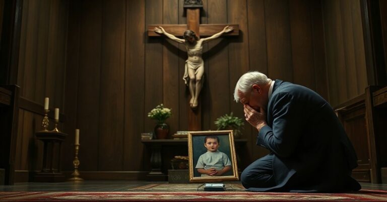 Zatroskany katolicki ojciec modli się przed krzyżem w ciemnej kaplicy z fotografią zmarłego dziecka, podkreślając konieczność sakramentalnej łaski i niebezpieczeństwo wiecznego potępienia.