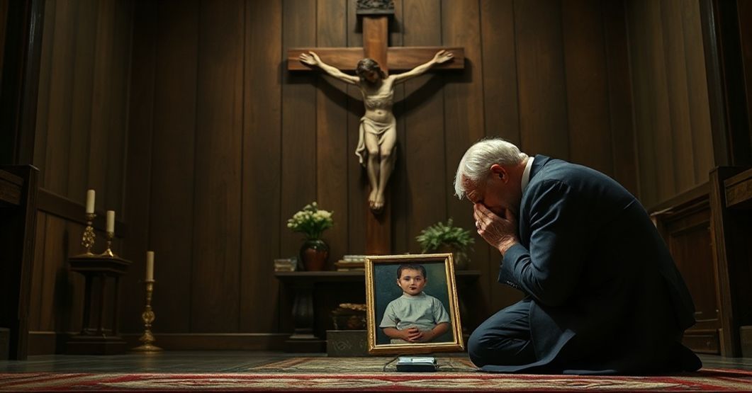 Zatroskany katolicki ojciec modli się przed krzyżem w ciemnej kaplicy z fotografią zmarłego dziecka, podkreślając konieczność sakramentalnej łaski i niebezpieczeństwo wiecznego potępienia.