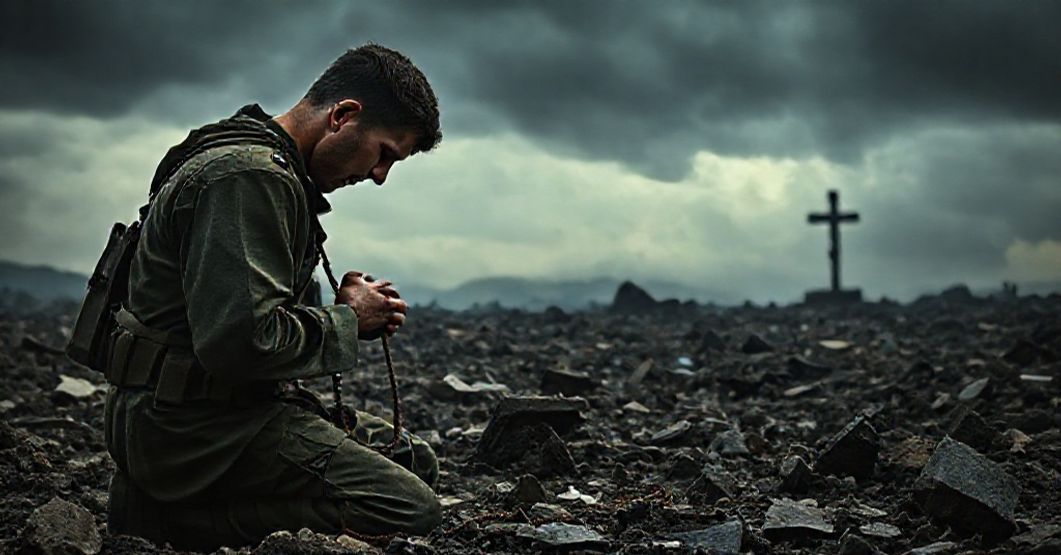 Katolicki żołnierz modlący się na polu bitewnym Prawdziwy katolicki żołnierz modlący się w ruinach pola bitewnego z różańcem w ręku