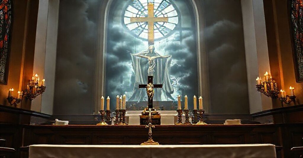 Tradycyjny katolicki ołtarz z krzyżem i świecami symbolizujący prawdziwą nawrócenie duchowe. W tle, rozmyta postač Jana Pawla II wśród nowoczesnych elementów ukrywająca fałszywą wizję moralnego przywództwa bez Chrystusa Króla