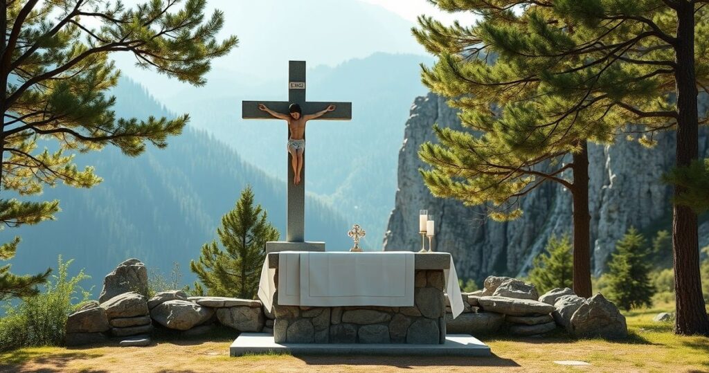 Realistyczny obraz tradycyjnego katolickiego ołtarza na tle gór Karkonoszy, oddający szacunek i pobożność bez surrealizmu