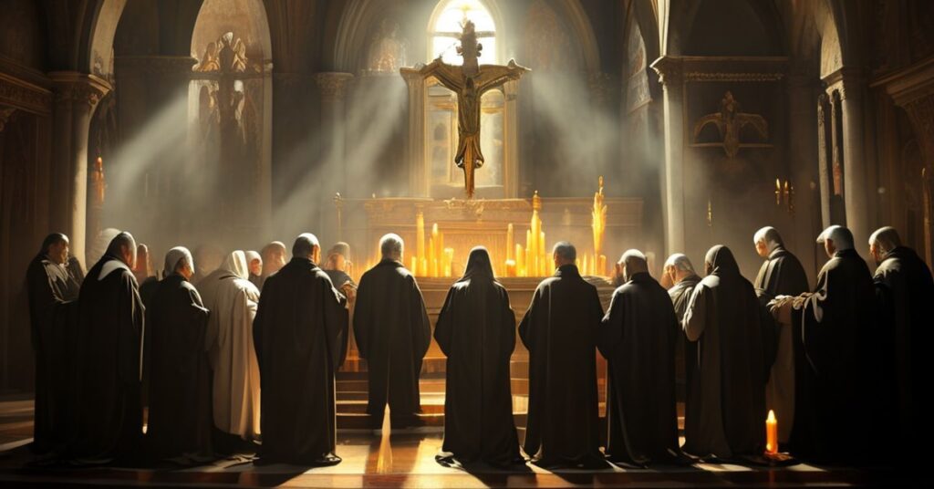 Solemny ołtarz katolicki w tradycyjnym kościele z krucyfiksem i modlącymi się wiernymi