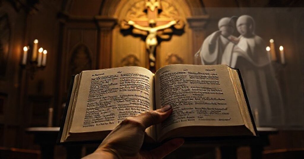 Tradycyjny ołtarz katolicki z krzyżem i Biblią. Scena oświetlona świecami. W tle widok nowoczesnego Watykanu promującego kontrowersyjne postacie.