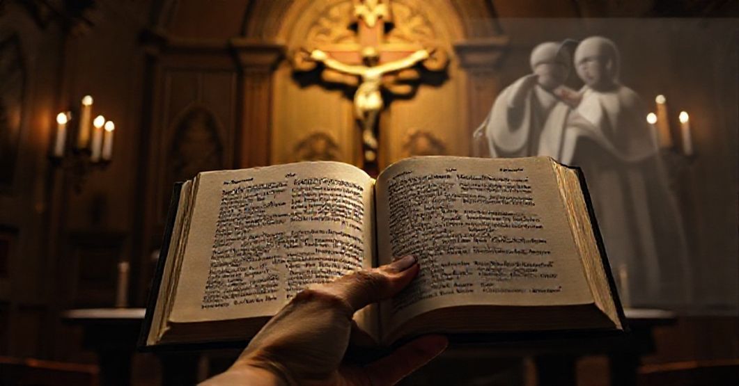 Tradycyjny katolicki ołtarz w kontekście współczesnej apostazji Tradycyjny ołtarz katolicki z krzyżem i Biblią. Scena oświetlona świecami. W tle widok nowoczesnego Watykanu promującego kontrowersyjne postacie.