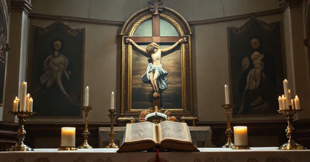Ołtarz katolicki z tradycyjnym obrazem Ukrzyżowania otoczony pochodnami i mszałem