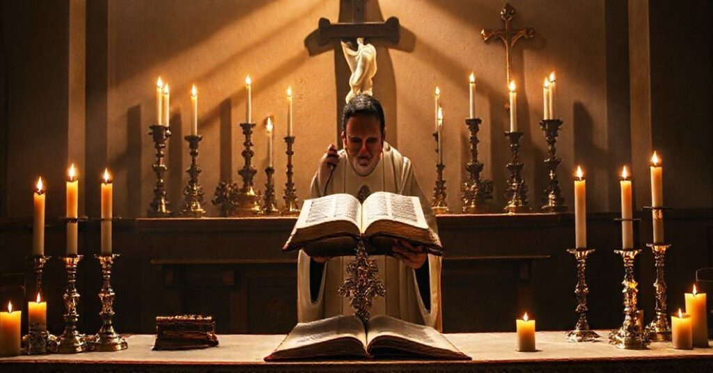 Tradcyjne ołtarz katolicki z Biblią i krzyżem, symbolizujący duchową walkę z modernizmem i komunizmem