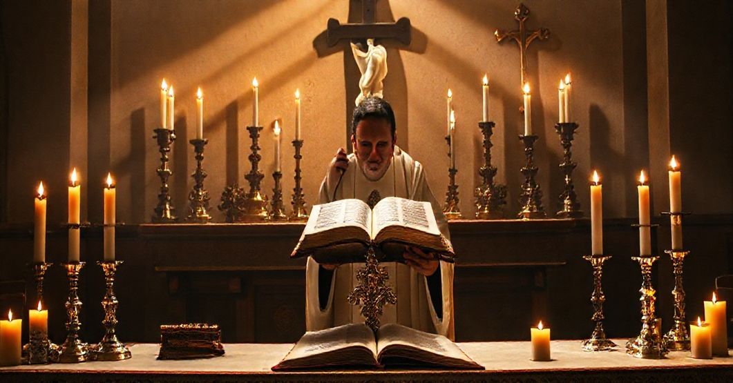 Tradcyjne ołtarz katolicki z Biblią i krzyżem, symbolizujący duchową walkę z modernizmem i komunizmem