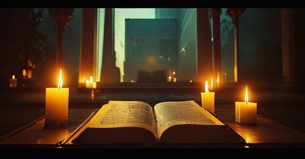 Tradycyjny ołtarz katolicki z otwartą Biblią pokazującą Jan 14:6 otoczony cichym świetliskiem świec w kontrascie z budynkiem mediów w tle