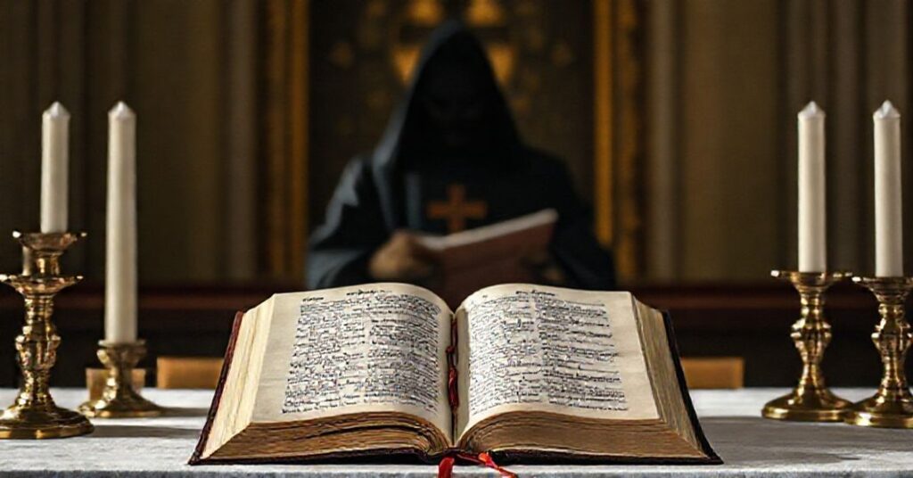 Solemny ołtarz katolicki z otwartą Biblią przedstawiającą narrację Ukrzyżowania, otoczony tradycyjnymi elementami liturgicznymi.