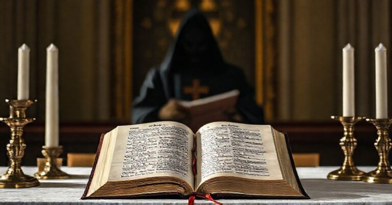 Solemny ołtarz katolicki z otwartą Biblią przedstawiającą narrację Ukrzyżowania, otoczony tradycyjnymi elementami liturgicznymi.