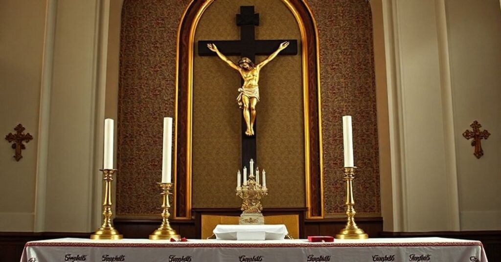 Ołtarz katolicki z obrazem Andy'ego Warhola "Puszki z supą Campbella" obok krzyża, symbolizujący konflikt między religią a nowoczesną kulturą