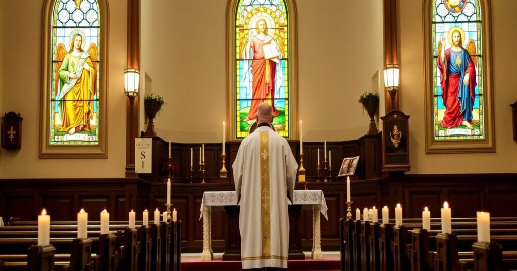 Sobótka tradycyjnego kościoła katolickiego z kapłanem w sutannie stojącym przy ołtarzu. Wnętrze podkreśla obecność Eucharystyczną i życie sakramentalne.