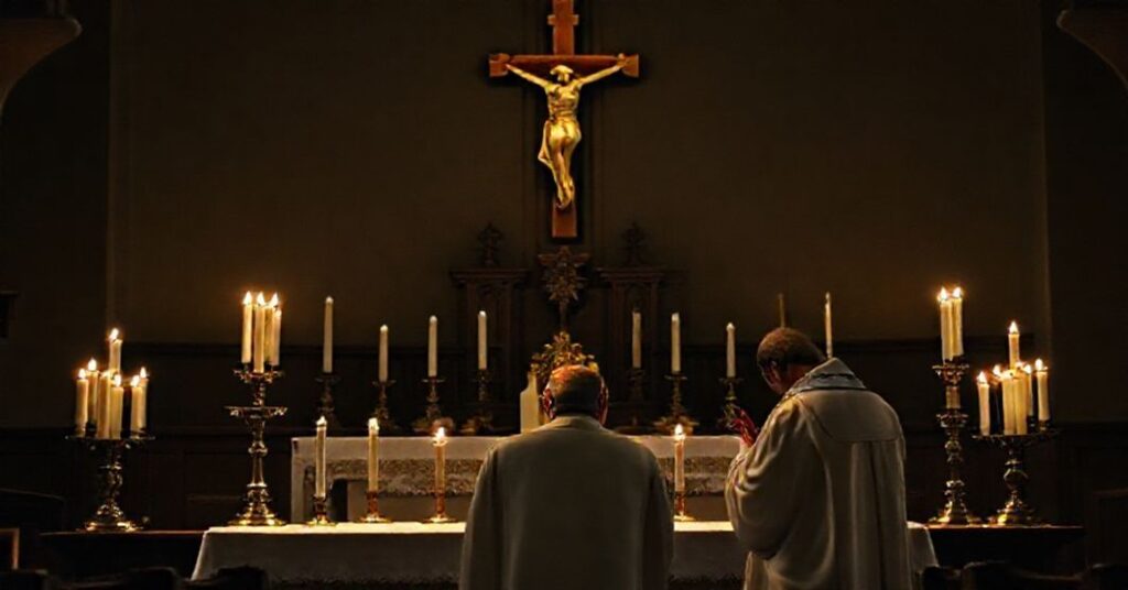 Tradycyjny ołtarz katolicki z krzyżem i świecami, kapłan w tradycyjnym habitacie modli się w cichej i sakralnej atmosferze