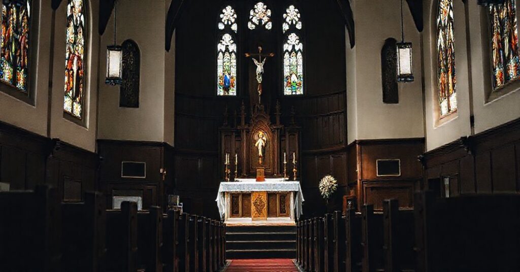 Wewnątrz tradycyjnego kościoła katolickiego z ołtarzem zdominowanym przez krzyż Chrystusa. Światło wnosi spokój i głębię wiary.