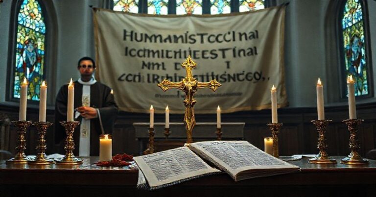 Ołtarz katolicki z krzyżem i pośrednio upokarzającym banerem na tle tradycyjnych witraży