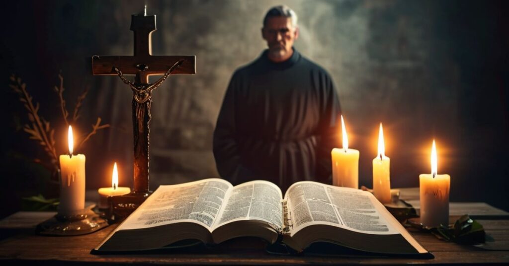 Ołtarz katolicki z krzyżem i otwartą Biblią symbolizujący konieczność sakramentu chrztu i prawdziwej wiary.