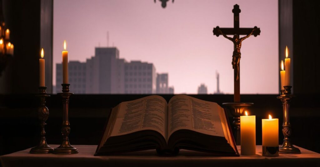 Tradycyjny katolicki ołtarz z krzyżem i Biblią, symbolizujący konflikt wiary z nowoczesną opieką zdrowotną.