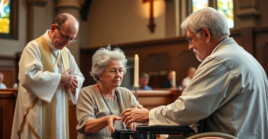 Rewersyjny obraz katolickiego opiekuna pomagającego osobie z niepełnosprawnością w kościelnym otoczeniu, podkreślający duchową opiekę i pokorę.