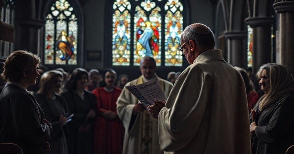 Grupa katolików modli się w kościele ze zgnębionymi twarzami przed raportem o liberalizacji aborcji w Szkocji.