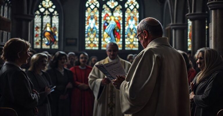 Grupa katolików modli się w kościele ze zgnębionymi twarzami przed raportem o liberalizacji aborcji w Szkocji.