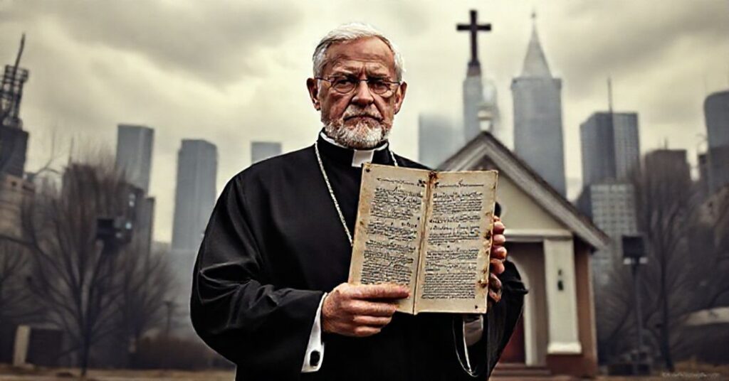 Katolicki ksiądz przed kościołem z encykliką Quas Primas na tle dystopijnego miasta z cyfrowym systemem identyfikacji