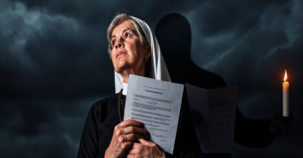 Kobieta w tradycyjnym stroju katolickim, trzymająca różaniec, patrzy z smutkiem na burzowy niebiosa, symbolizujące moralny upadek. W tle widnieje ciemna figura symbolizująca firmę Canadian Fertility Consulting, trzymająca umowę z napisem 'LGBTQ+ surogacja'. Scena oświetlona pojedynczym płomieniem świecy.