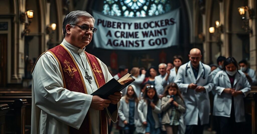 Książę kapłan w tradycyjnych szatach liturgicznych stoi w ciemnym kościele, trzymając Biblię. Na tle widoczna jest grupa dzieci prowadzona przez lekarzy w białych fartuchach. Scena podkreśla moralne zagrożenie blokowania dojrzewania.