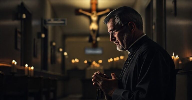 Ks. Michał modli się przed krzyżem w kaplicy w świetle świceł w kontekście kanadyjskich praktyk eutanazji